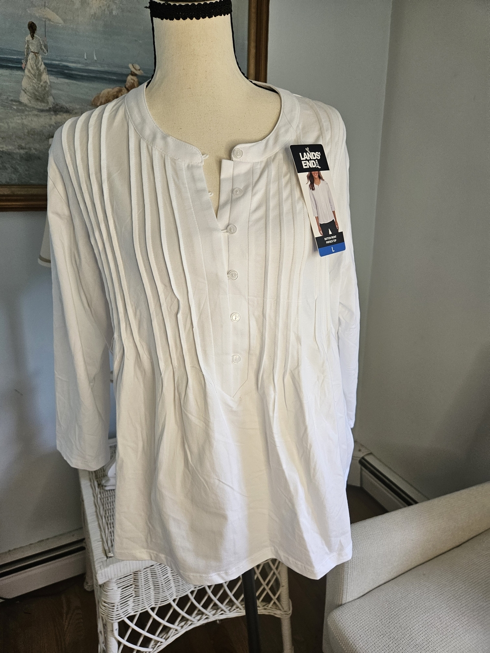 Lands' End White Pleated Button-Front Women's Shirt P-12